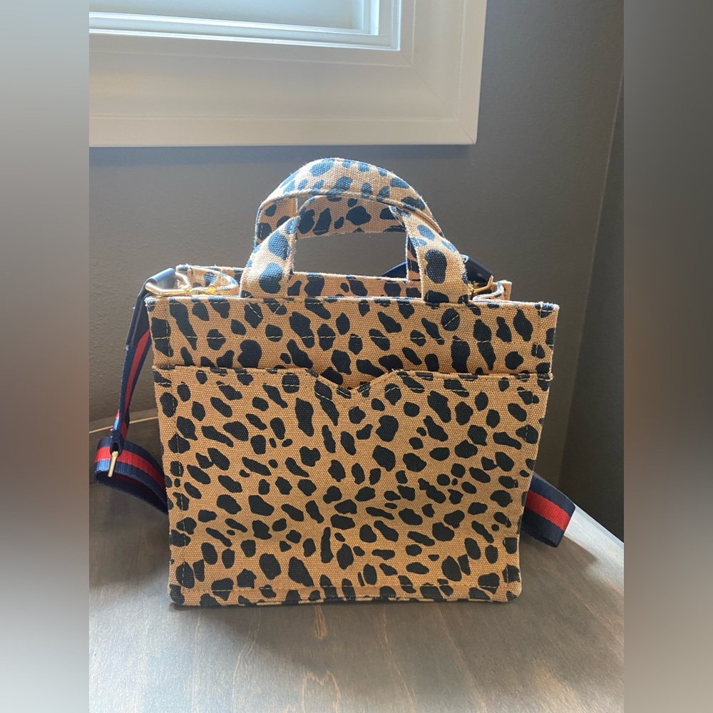 Stella & Dot Canvas Leopard Print Game Changer Crossbody Tote